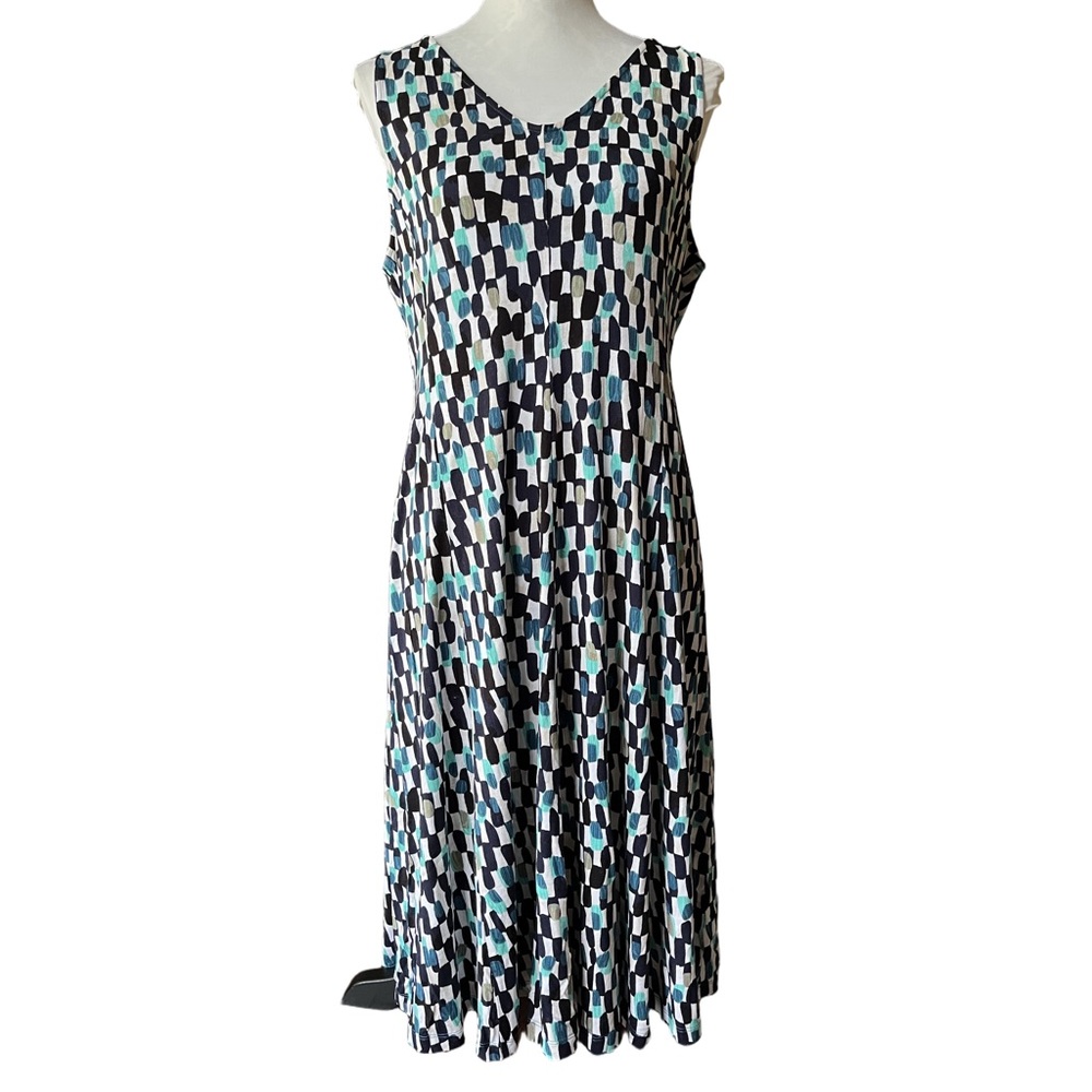 NIC + ZOE Rivera Rain Dress Sleeveless Geometric Blue & Black Print | Size Large